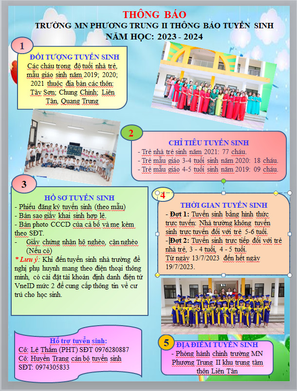 TRƯỜNG MẦM NON PHƯƠNG TRUNG II THÔNG BÁO TUYỂN SINH NĂM HỌC 2023-2024