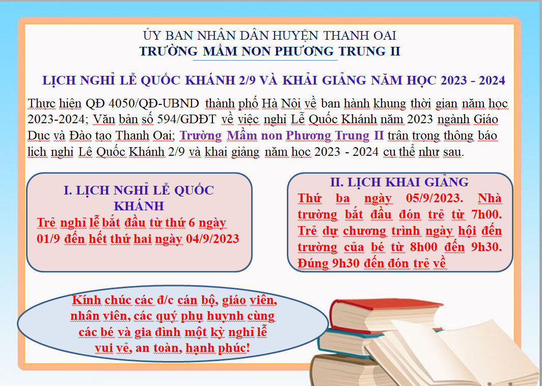 THÔNG BÁO LỊCH NGHỈ LỄ 02/9 VÀ KHAI GIẢNG NĂM HỌC MỚI 2023 - 2024.