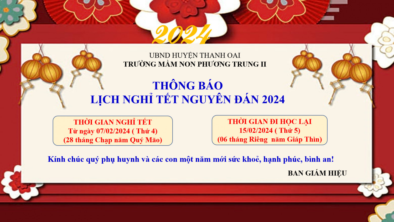 THÔNG BÁO LỊCH NGHỈ TẾT NGUYÊN ĐÁN 2024