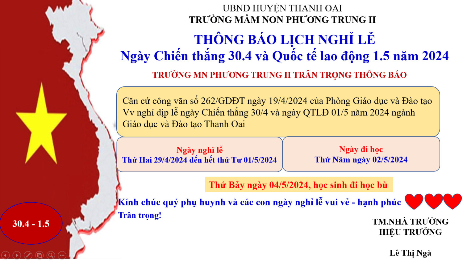 THÔNG BÁO LỊCH NGHỈ LỄ 30.4-1.5 NĂM 2024